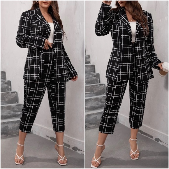 Plus Classic Button up Plaid Blazer Cropped Pants Set - Picture 2 of 3